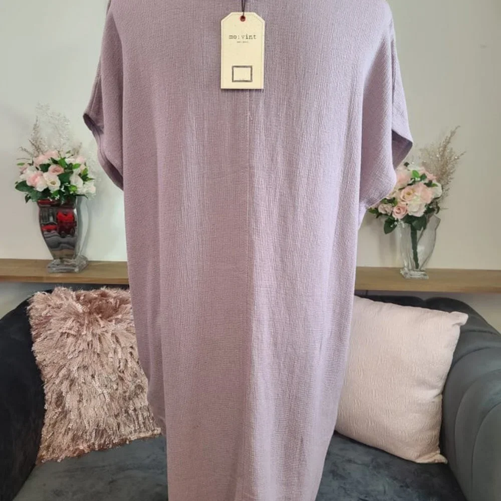 Lavender Linen Short Sleeve Dress with Pockets - Picture 6 of 6